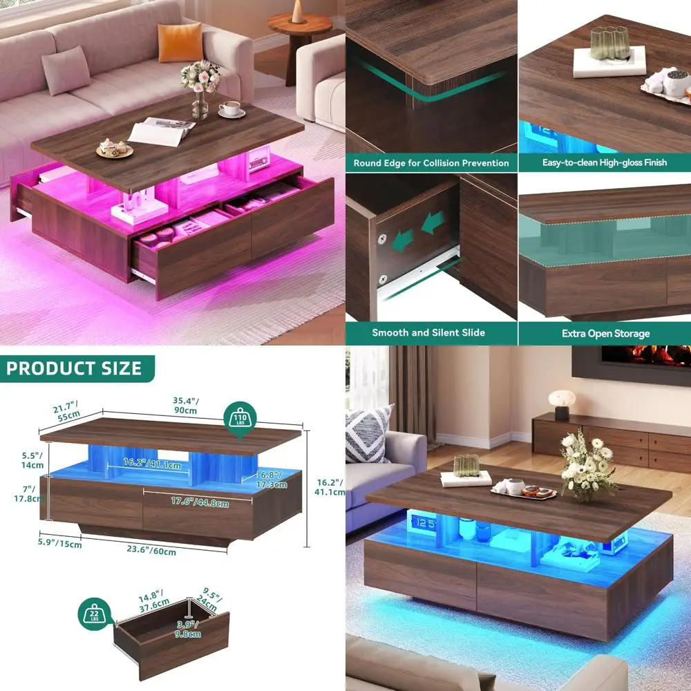 

YITAHOME LED Coffee Tables for Living Room, Farmhouse Coffee Table with Storage 4 Drawers and Open Compartment, Modern Rectangle