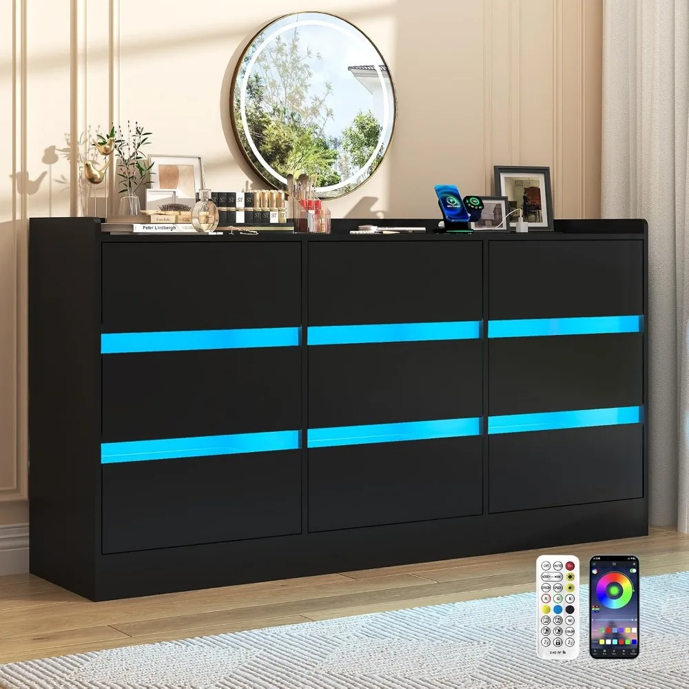 9 Drawer Dresser w/ Charging Station,60000-color LED Lights,Modern Chest of Drawers w/ Power Outlet,Wooden Storage Dresser