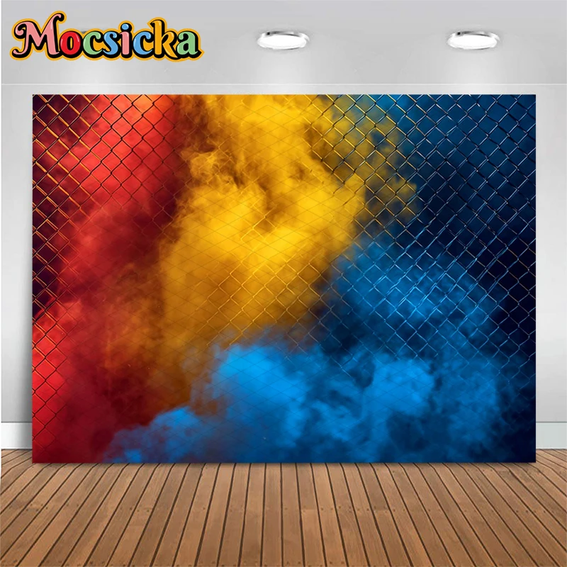 Mocsicka Chain Link Red Yellow Blue Smoke Photography Backdrop Fence Colorful Smoke Background Urban Street Photo Shoot Tapestry