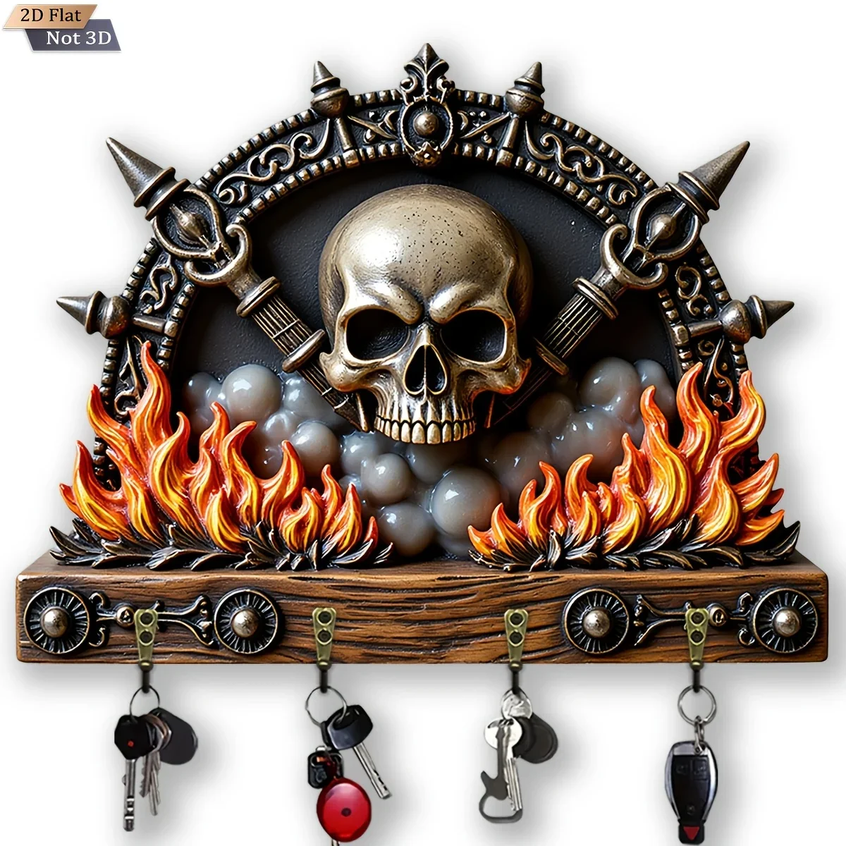 2D Flat, 1pc, Dark Flame Skull Theme Style Key Hook Wooden Multifunctional Home Key Rack, with Four Metal Hooks, Wall