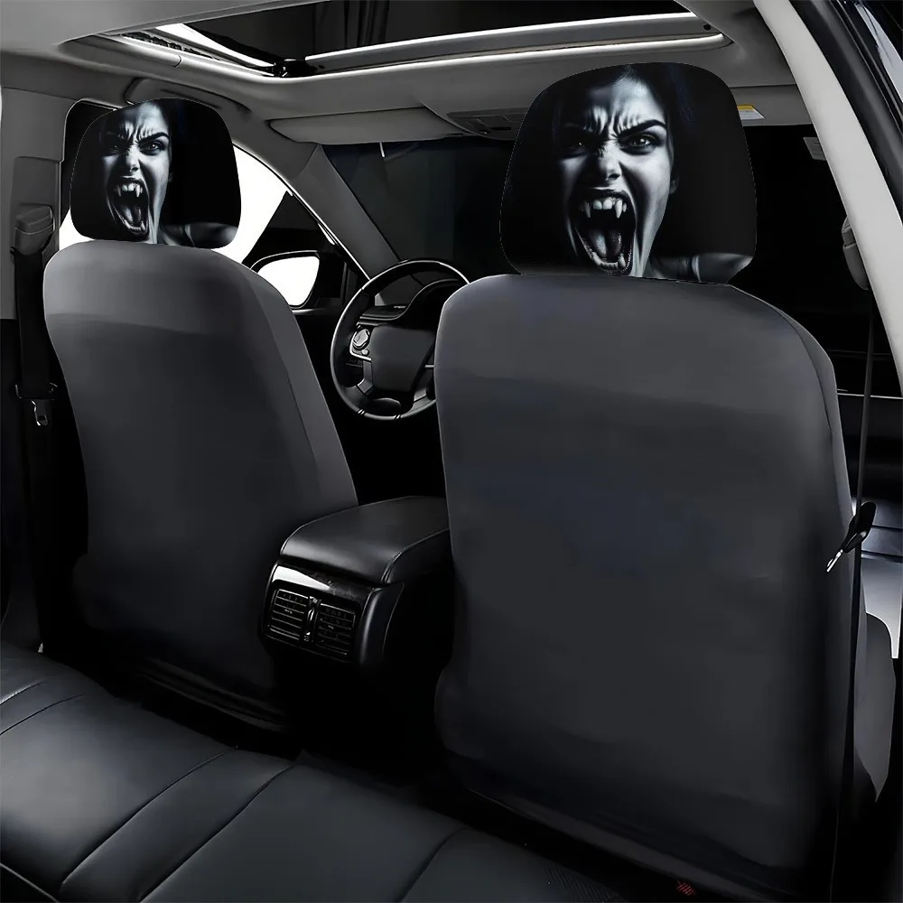 2pcs Fanged Face Printed Car Headrest Covers—Easy to Install, Add a Stylish Touch to Your Car's Interior