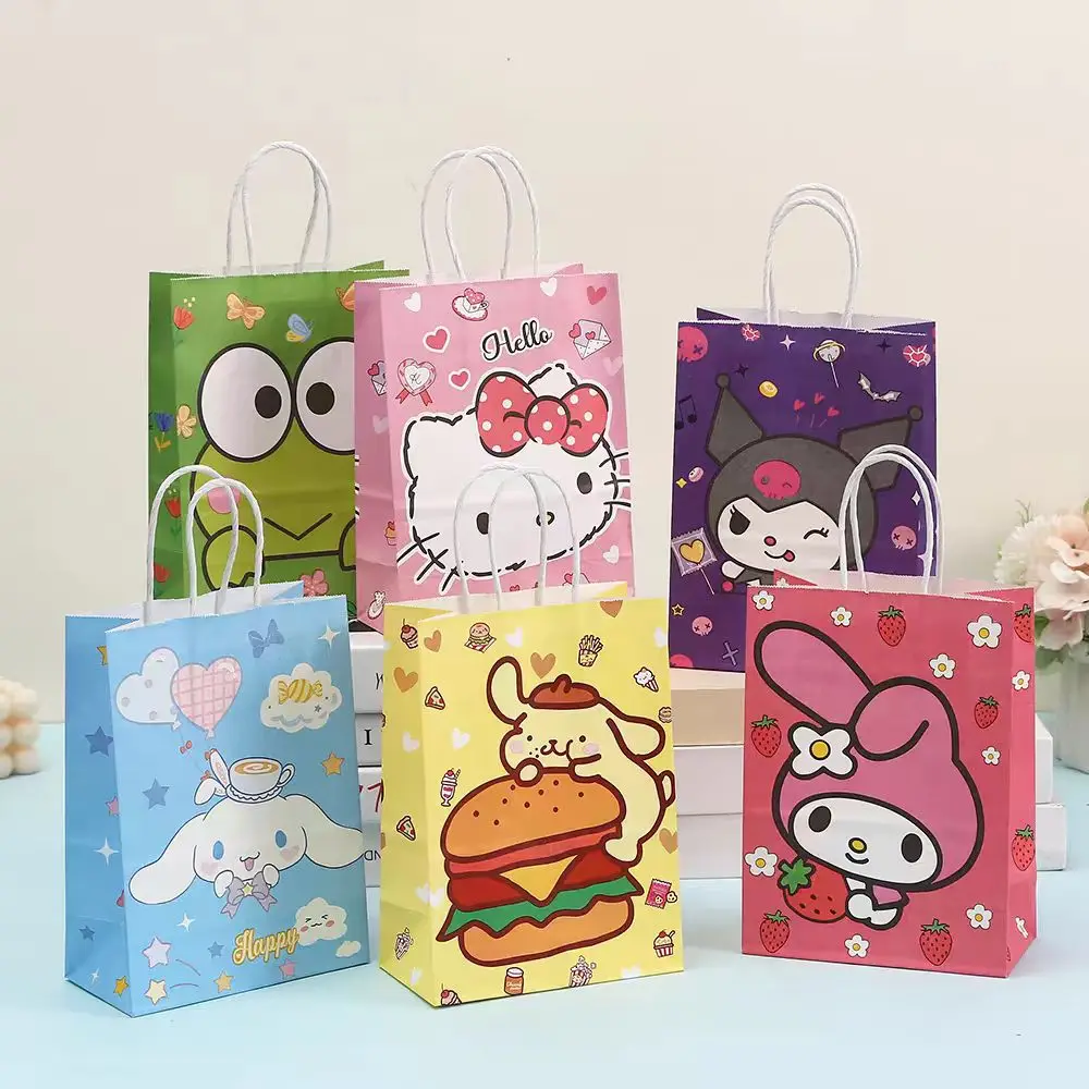 

12Pcs Sanrio Cartoon Kraft Paper Handbag Melody Cinnamoroll Hello Kitty Kuromi Printed Shopping Bag Birthday Children Gift Box