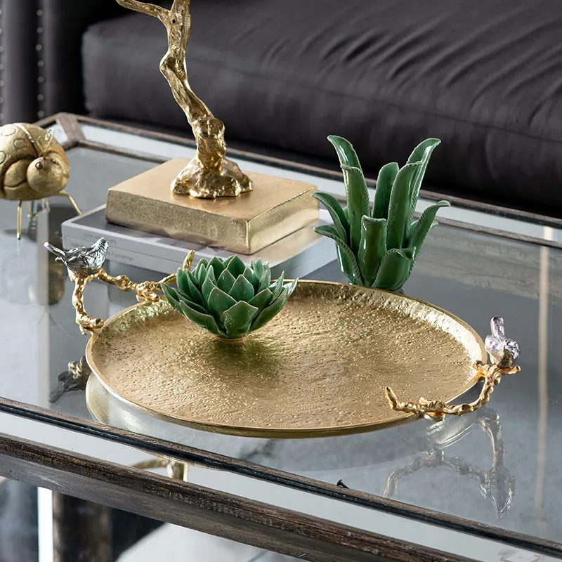 Luxury Gold Decor Table Tray With Silver Bird Statue Home Living Room Accessories Ornaments Wedding Photography Props Storage