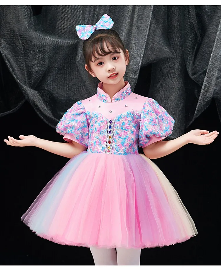 Children Ballroom Clothing Sequined Modern Dance Tutu Dress Pink Ballet Princess Dress Girls Jazz Dance Dresses For Prom