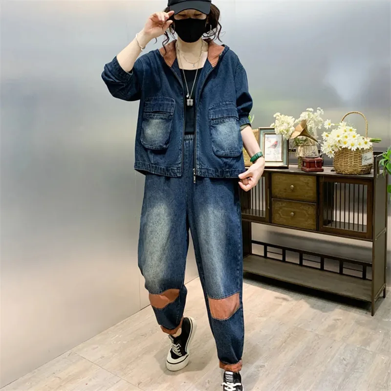 2025 Spring Autumn Denim 2 Piece Set Women's Fashionable Color Contrast Wear Casual Loose Coat Top Harlan Pants Complete Suits