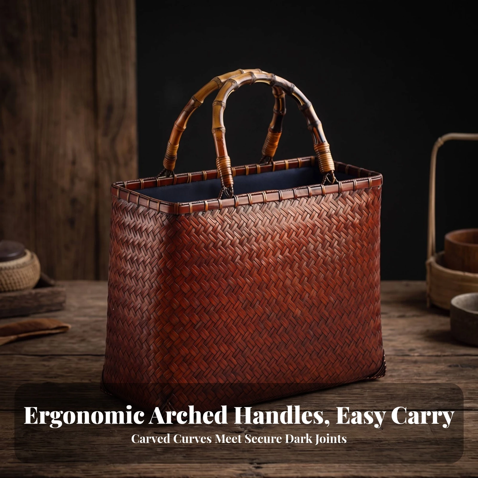 Bamboo Basket Handbag Natural Woven Bamboo Bag Tote Long-Lasting Environmentally Friendly for Women, Tea Service