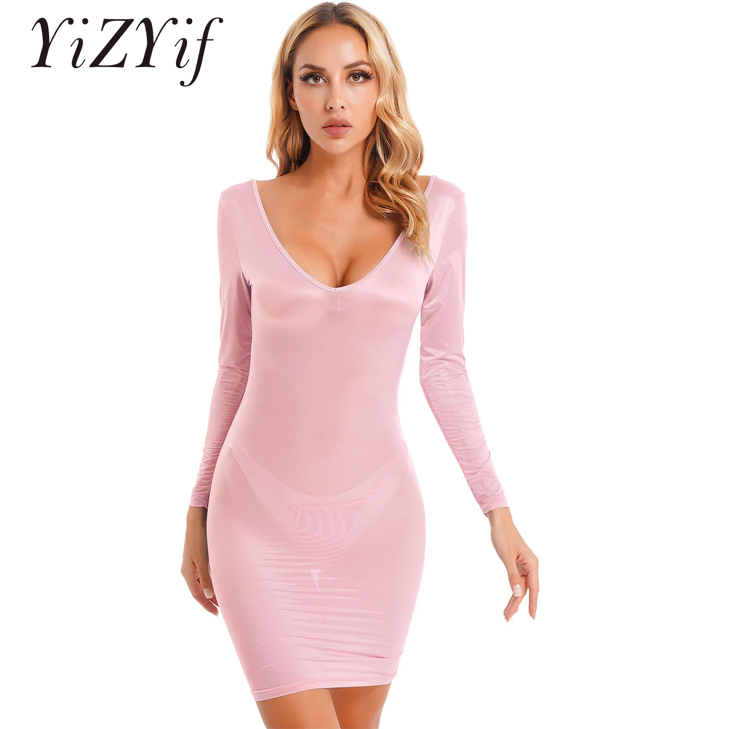 

Womens Sexy See Through Bodycon Dress Glossy Long Sleeve Mini Dress with G-string Lingerie Set Rave Party Pole Dancing Clubwear