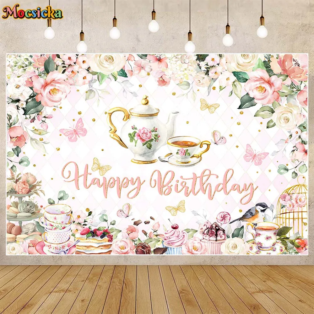 

Mocsicka Tea Party Birthday Backdrop Pink and White FLower Teapot Cup Girl Birthday Party Decor Background Dessert Table Banner