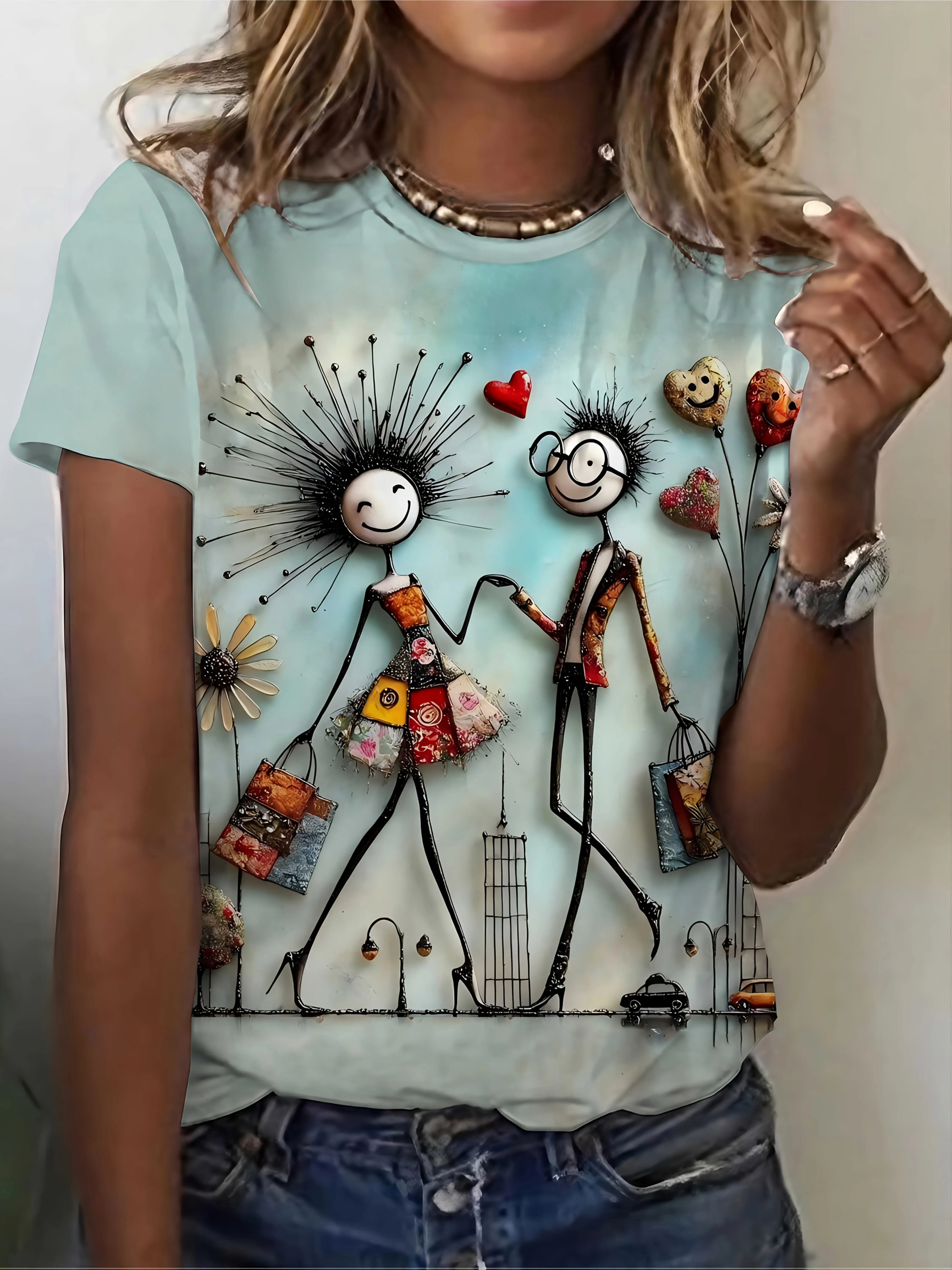 Light Blue Women's Tee - Whimsical Couple Graphic, Quirky Artistic Print Design for Casual Daily Wear