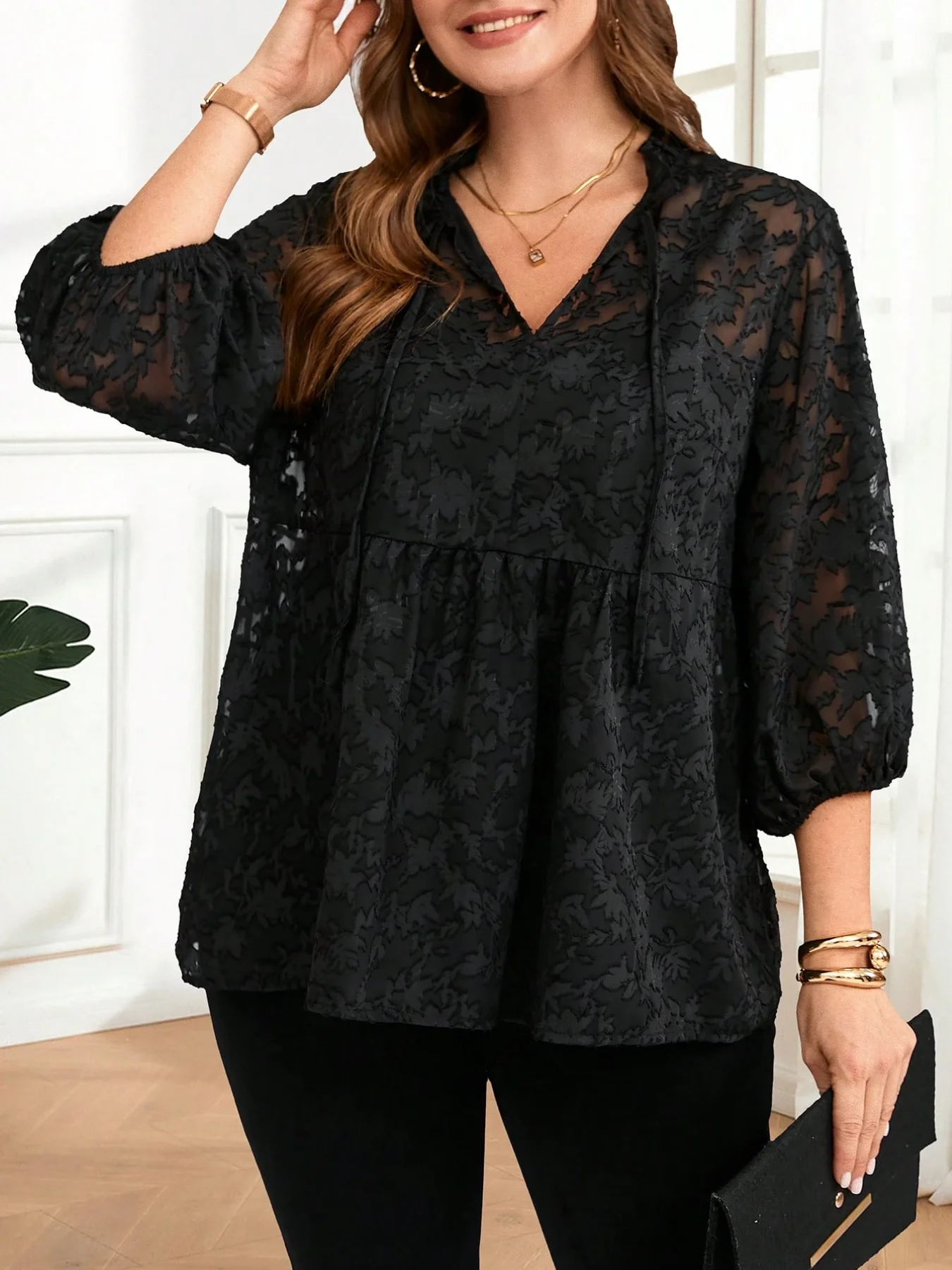 بلوزة نسائية كبيرة الحجم كاجوال وأنيقة للعطلات مطبوعة بأكمام واسعة #1