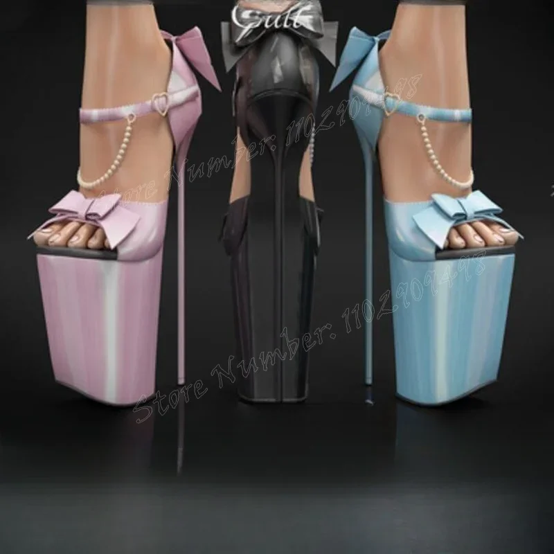 Pink Bow Knot Platform Sandals Pearl Decor Open Toe Shoes for Women Cover Heels Thin High Heels Shoes 2025 Zapatos Para Mujere