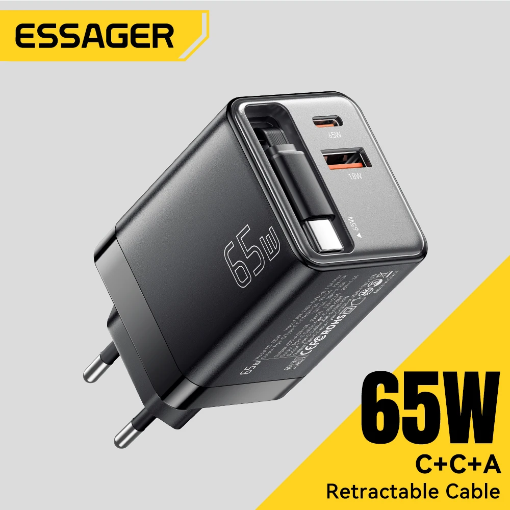 

Essager 65W GaN Charger with Retractable Cable PD Fast Charging for Laptop Macbook iPhone 16 15 14 Xiaomi Type-C Phone Charger