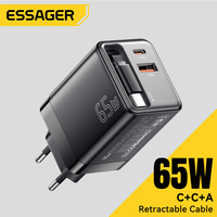 Essager 65W GaN Charger with Retractable Cable PD Fast Charging for Laptop Macbook iPhone 16 15 14 Xiaomi Type-C Phone Charger