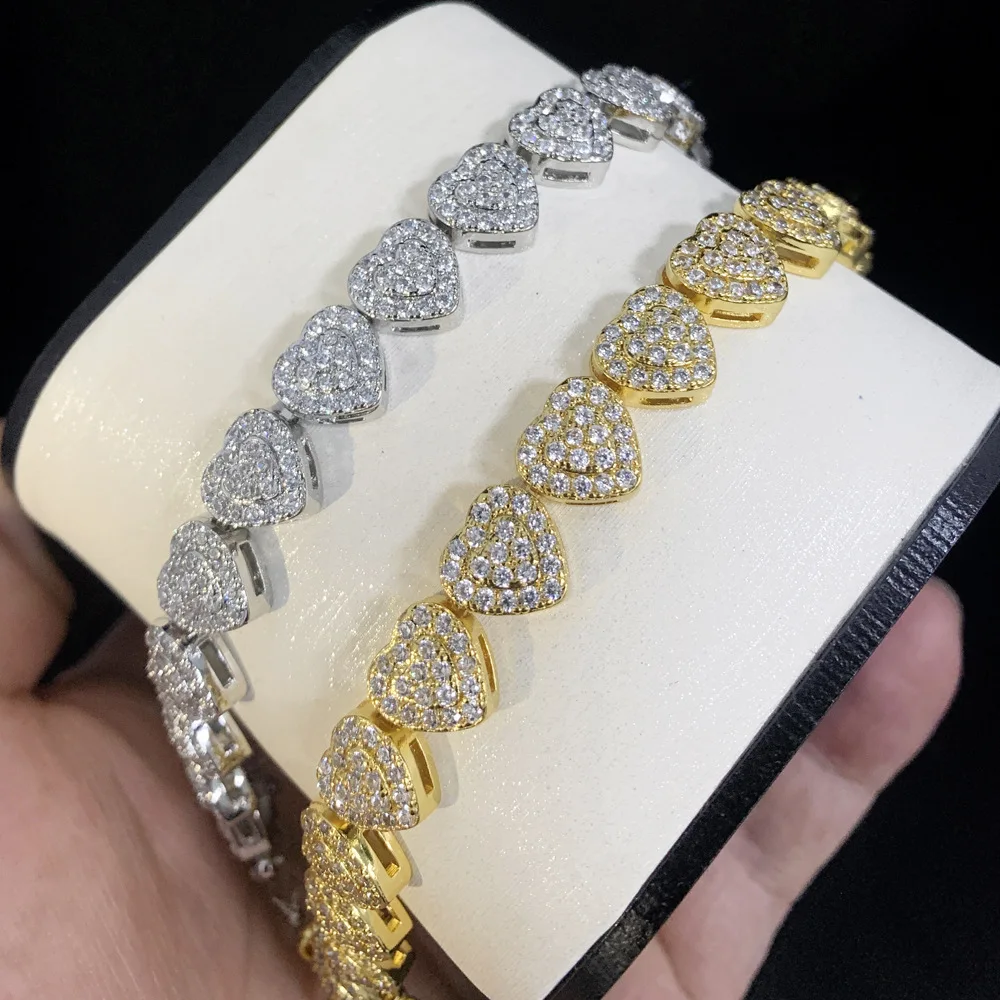 

New 9mm heart-shaped diamond studded Cuban bracelet with full diamonds, hip-hop trend person bracelet