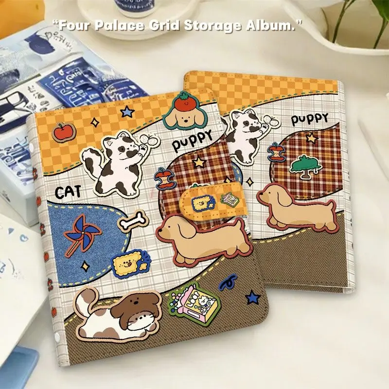 1book PU leather detachable loose leaf Polaroid mini album, 3-inch square grid cartoon cat collection book