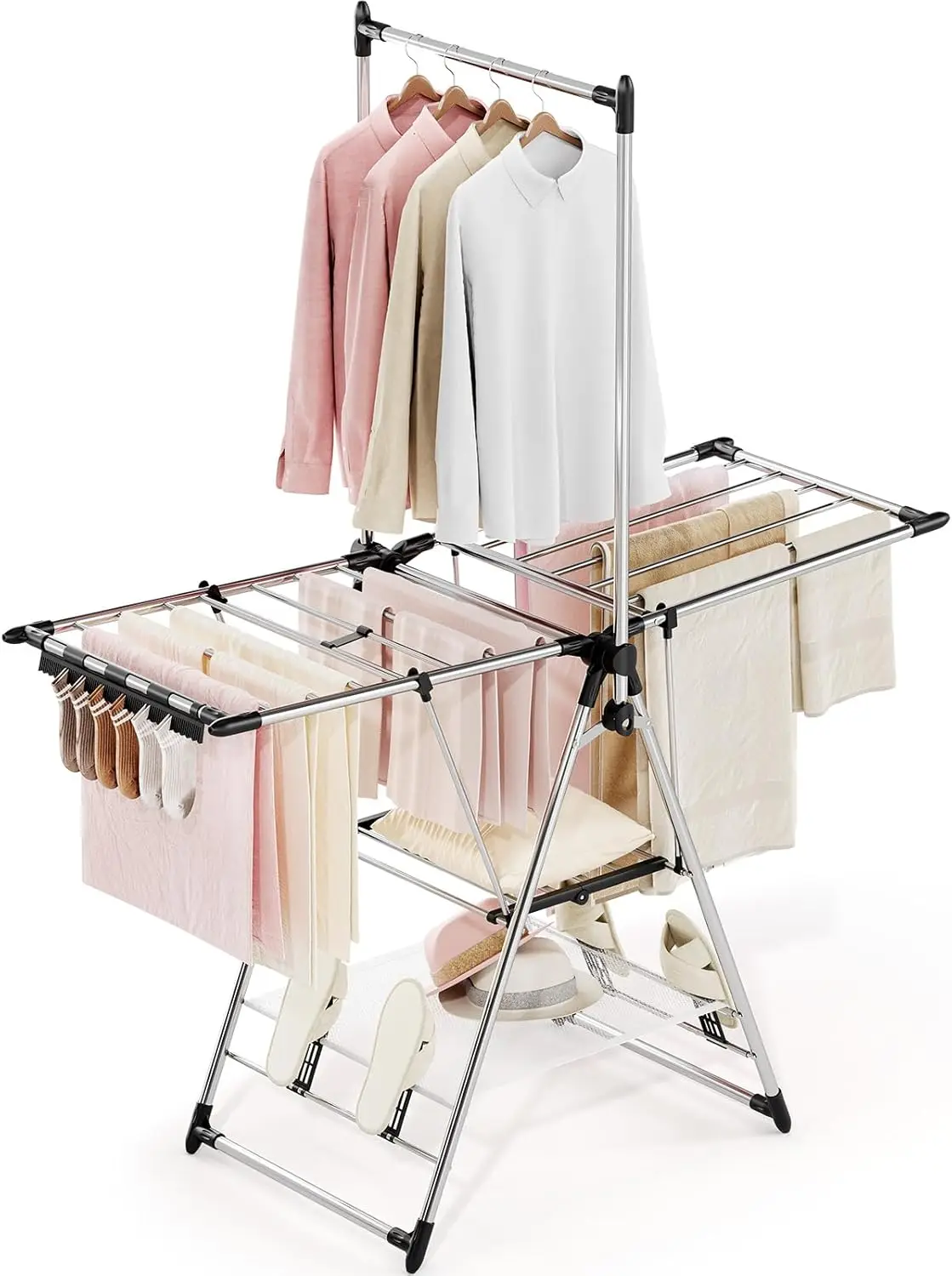 

Clothes Drying Rack with High Hanger, Foldable 3-Level Drying Racks with Shoe Rack, Crossbar and Vertical Rod Laundry Stand