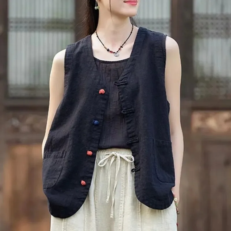 

Women's Vintage Linen Vest Sleeveless V Neck Frog Button Casual Waistcoat with Pockets Loose Fit Chinese Style Tops