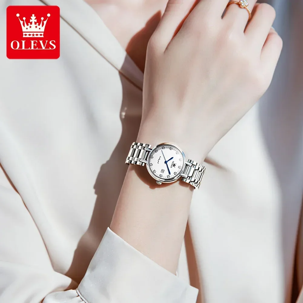 OLEVS, reloj de cuarzo de lujo para mujer, correa de acero inoxidable, reloj de pulsera para mujer, esfera romana, réplica de reloj resistente al