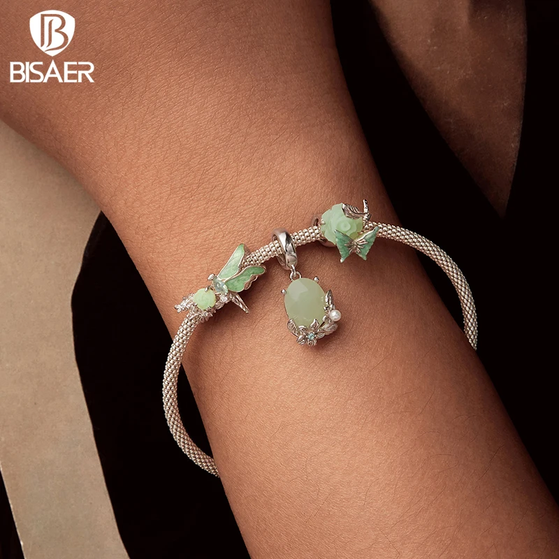 BISAER-abalorio de Aventurina de árbol de la vida verde para mujer, de Plata de Ley 925, colgante de amazonita de la suerte, compatible con pulsera DIY, joyería fina