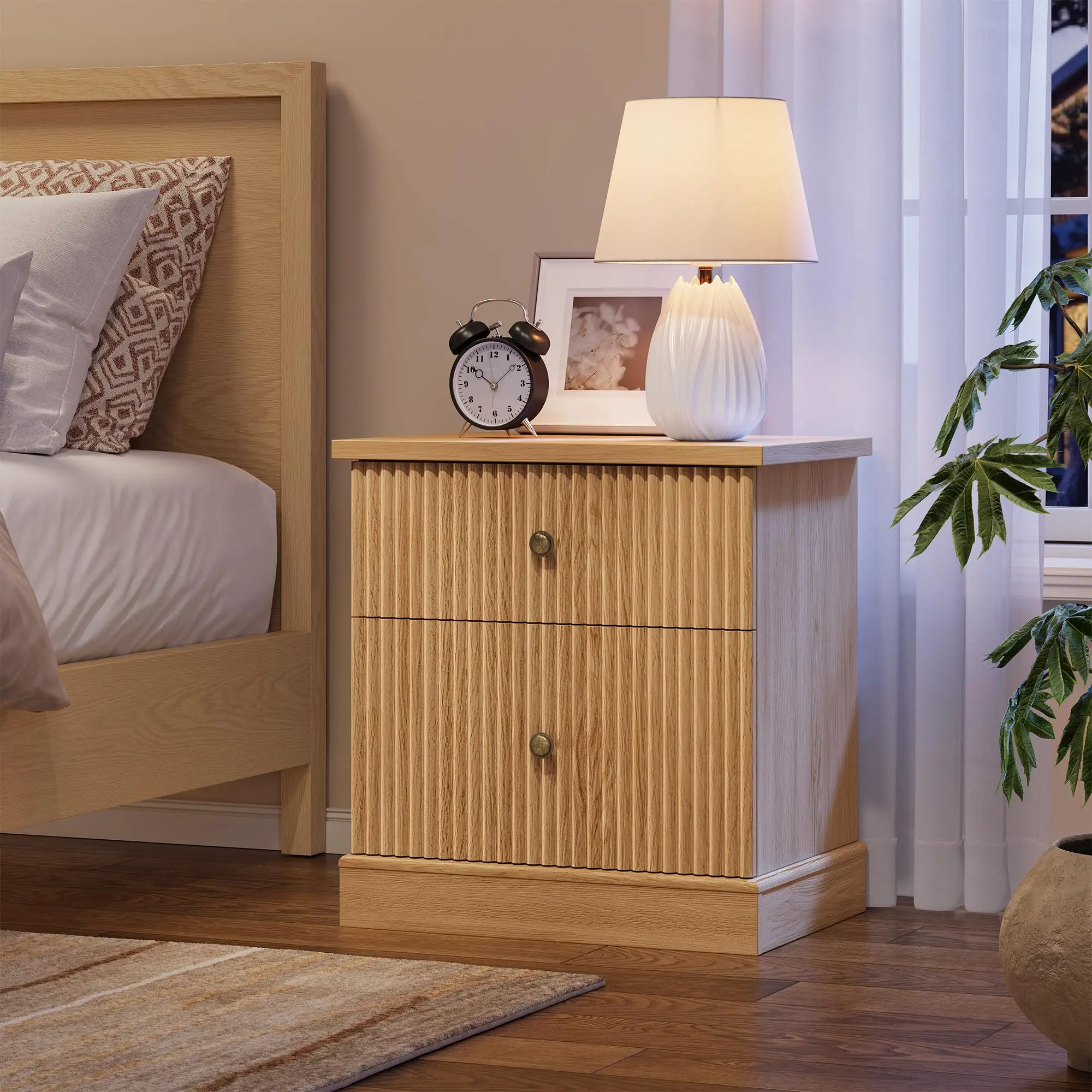 

Fluted Nightstand With Drawers Mid Century Modern Bedside Table Brown Wood Nightstand With Storage Drawers Space Saving End Table For Living Room Bedroom And Guest Room Natural