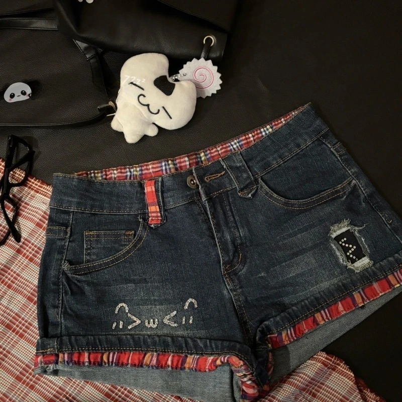 

Y2k Low-waist Plaid Patchwork Jeans for Women All-match Sexy Bodycon Hot Short Pants 2025 Summer New Blue Denim Shorts