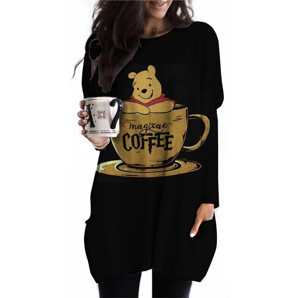 

Women's T-shirt Spring and Autumn Round Neck Winnie the Pooh Printed Loose Long T-shirt Long Sleeve Casual Top Pocket T-shirt