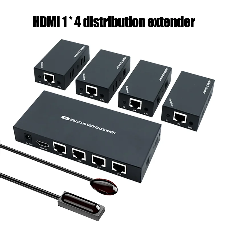 1x4 HDMI Extender Splitter 4K Multiple Over Single Cable CAT6/7 HDCP 2.2 with IR Remote EDID Management Loop Out - Low Latency