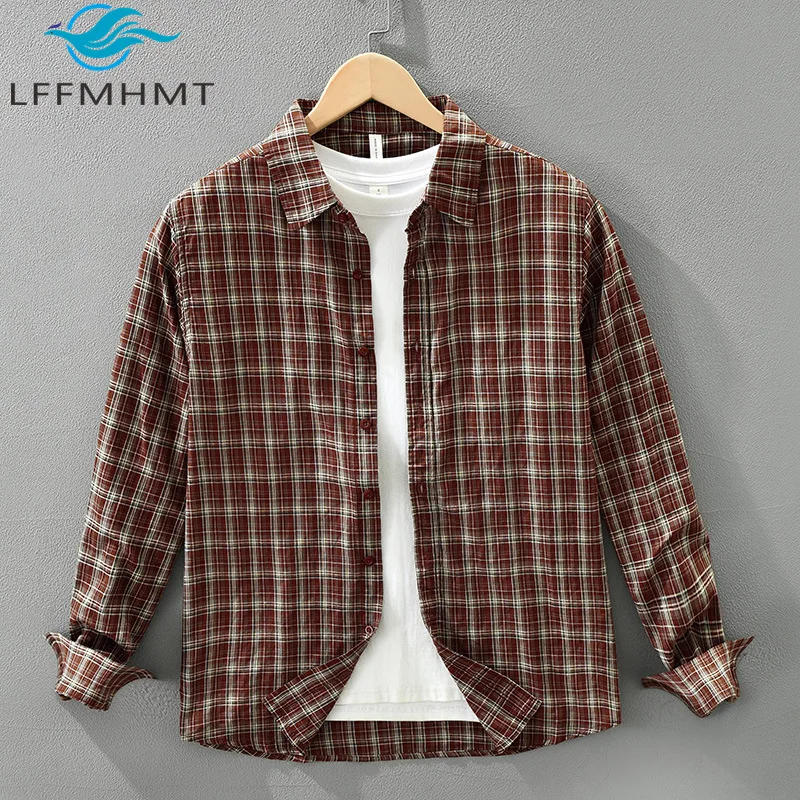 

7792, японский стиль, хорошее качество, 100% хлопок, винтажная клетчатая рубашка для мужчин, весенняя модная свободная повседневная классическая блузка, мужские топы