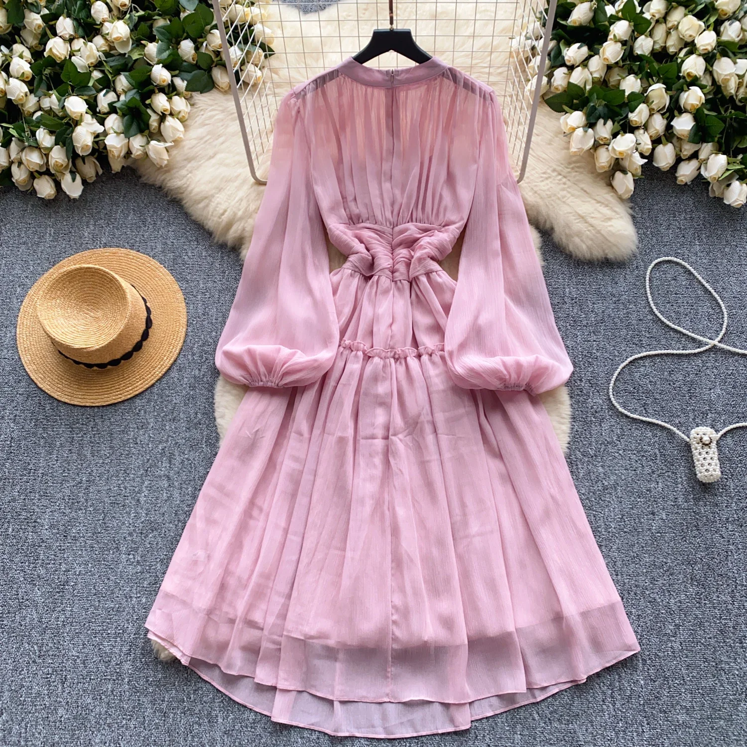 Vintage  Elegant Beading Folds Lantern Sleeve  sweet Dress Women basics Fashion summer Spring dresses