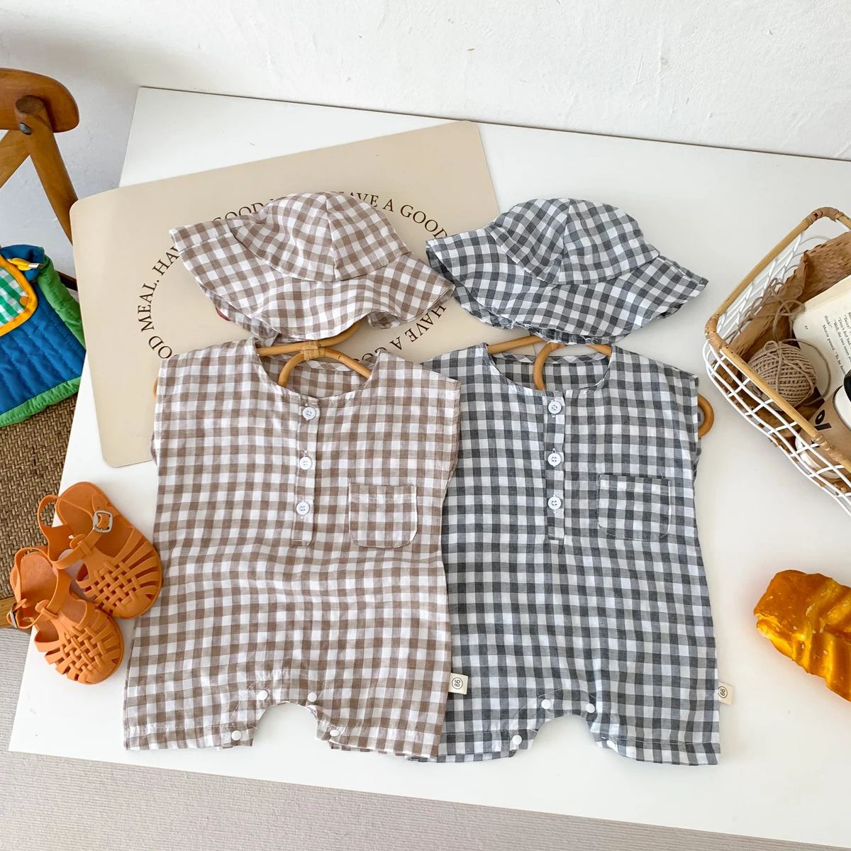 

Baby Newborn Plaid Romper+Hat Bundles Toddler Girls Boys Sleeveless Summer Bodysuit Overalls Infant Clothes