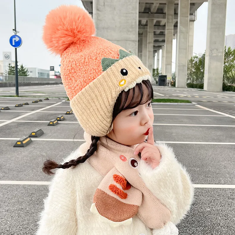 Kid Protect Ears Beanies Hat Scarf Set Girl Boy Cartoon Pom Pom Cap Scarves 2 Piece Set 2022 Child Baby Ear protection Hat 1-5T