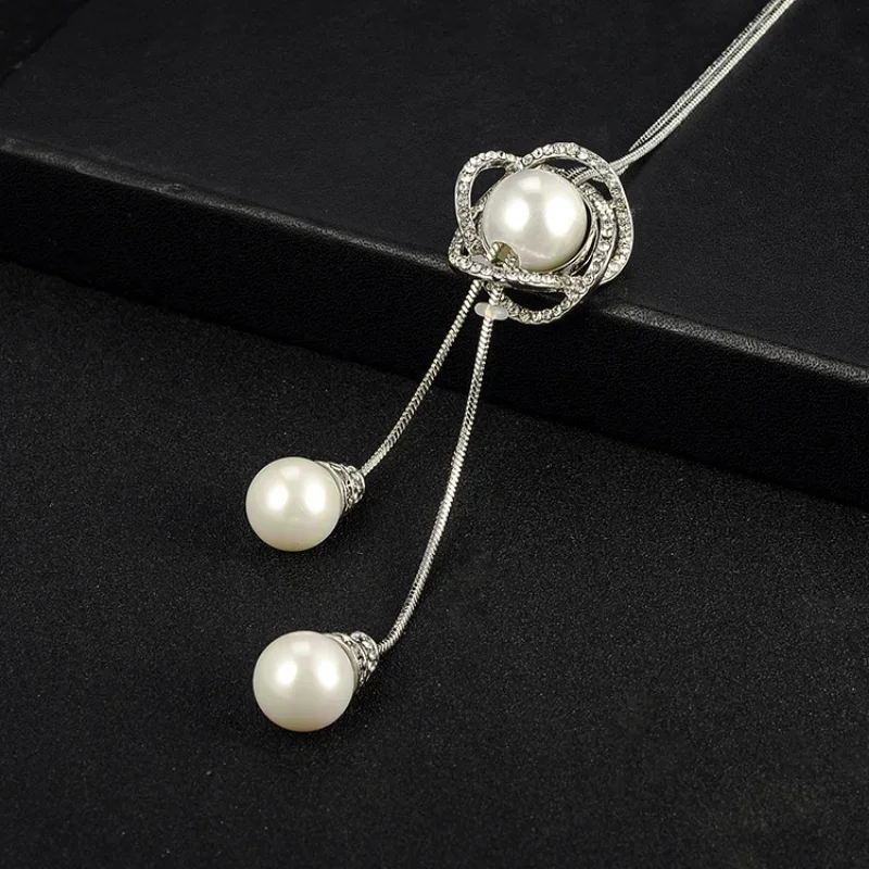 New Rhinestone Circle Long Tassel Necklace For Women Pearl Pendant Silver Color Adjustable Sweater Chain Necklaces Jewelry