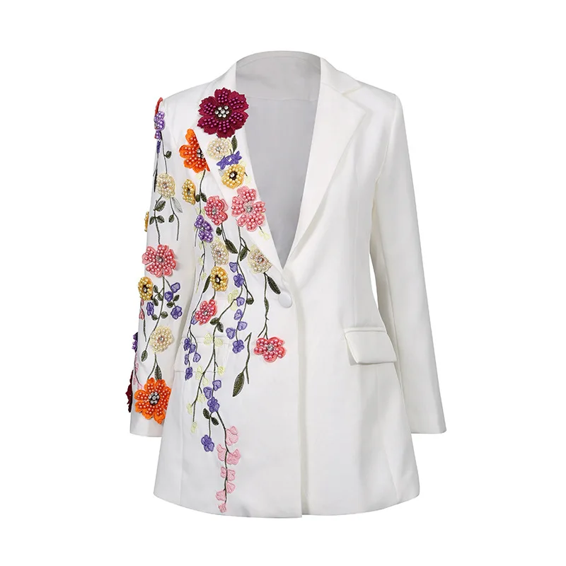 

Women Embroidery Flower Coat Long Sleeve Beading Turn-Down Collar Suit Coat
