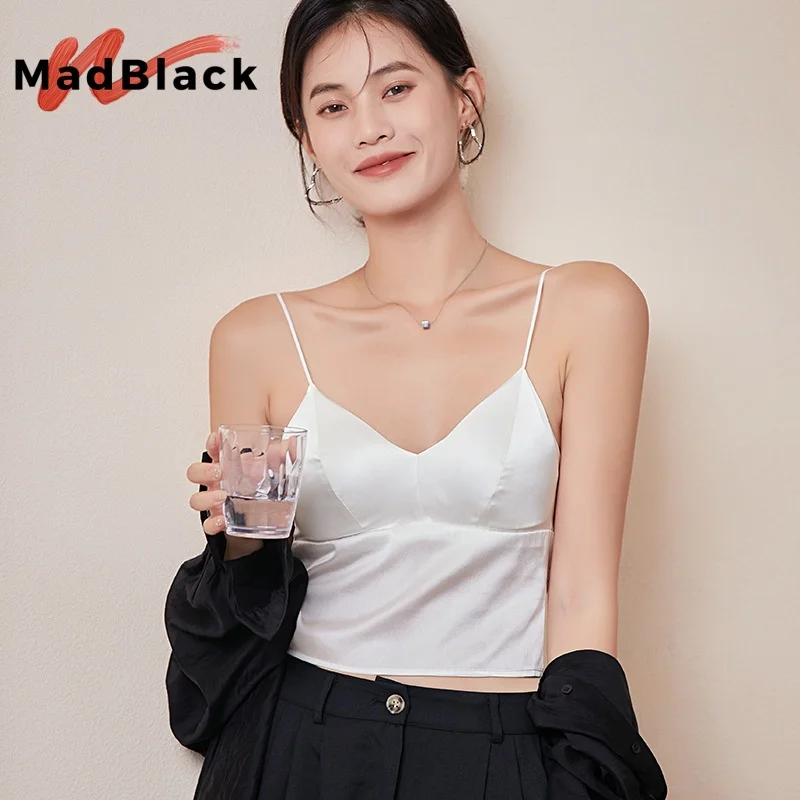 

Madblack, 19MM 93% Mulberry Silk 7% Spandex Vest,Women Silk Camis Sexy Camisole Padded Bralette Tube Top with Bra T5N917JF