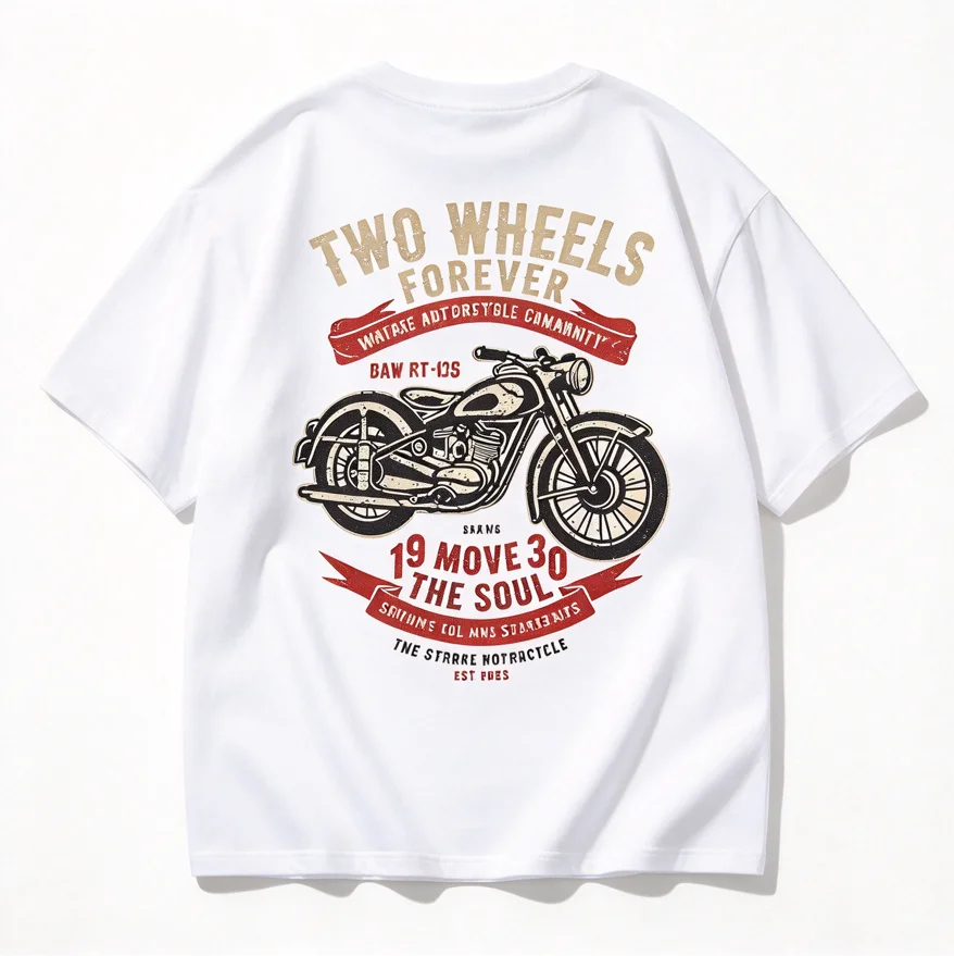 Two Wheels Forever Motorcycle T-Shirt Men Oversized Graphic Tee Vintage Retro Bike Back Print Old School Biker Streetwear Casual