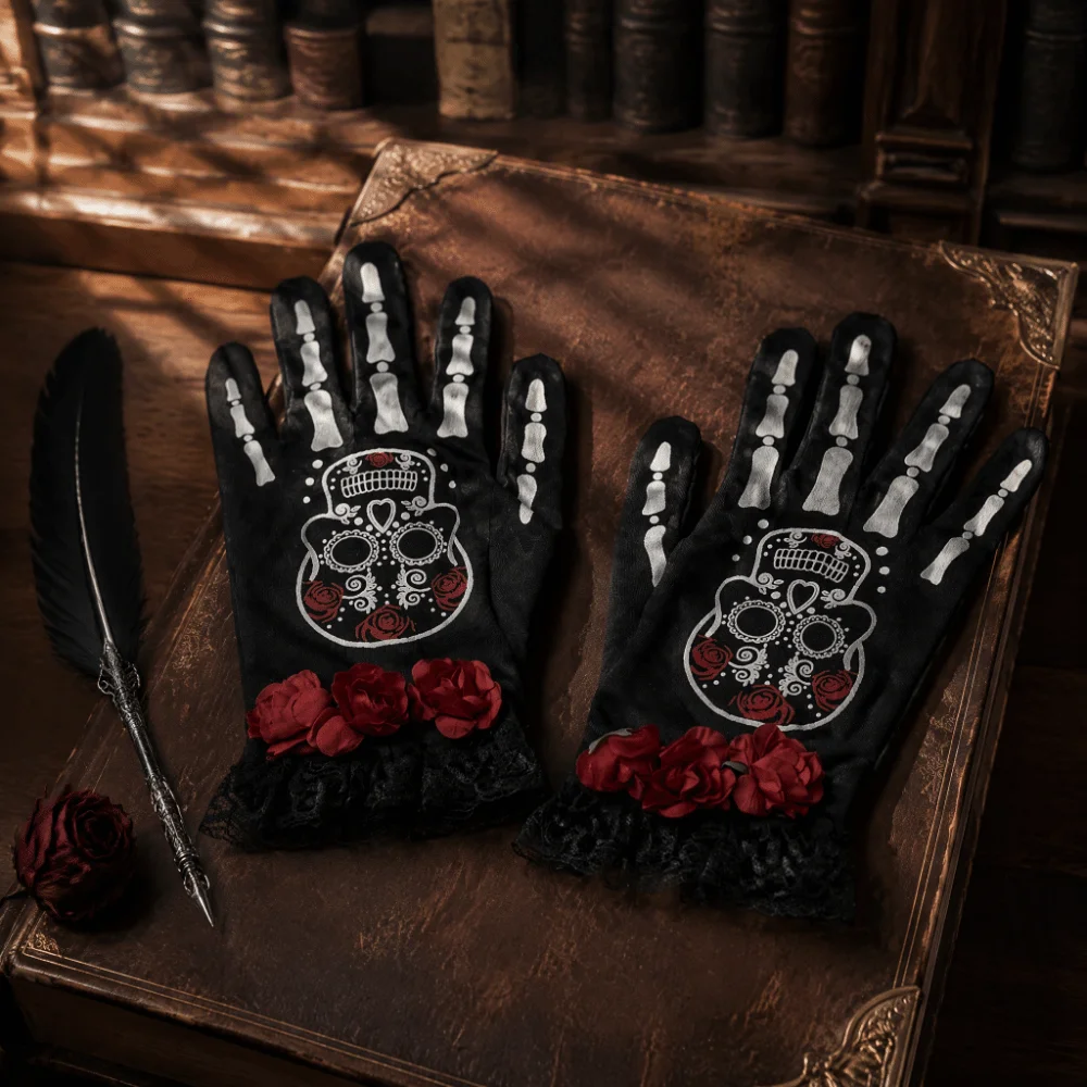 Rose Flower Design Lace Mesh Mittens Luminous Punk Style Halloween Cosplay Gloves Winter Warm Halloween Gloves Dance Costume