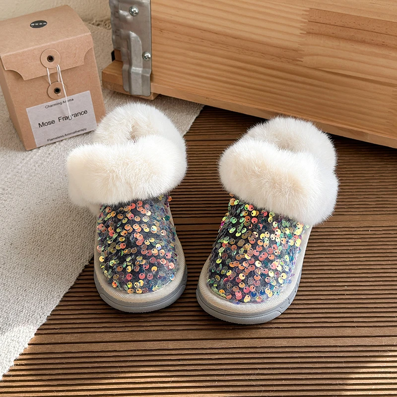 Kids Snow Boots Shining Sequins Home Fur Kids Slippers Winter Warm Flat Cotton Shoes Children Indoor Bedroom Soft Sole Slippers