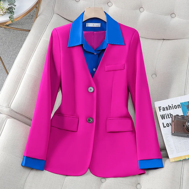 Women Suits Blazer Splicing Colors Formal Office Lady 1 Piece Jacket Blue Lapel Black White Cotton Outfit Cotton Party Wear