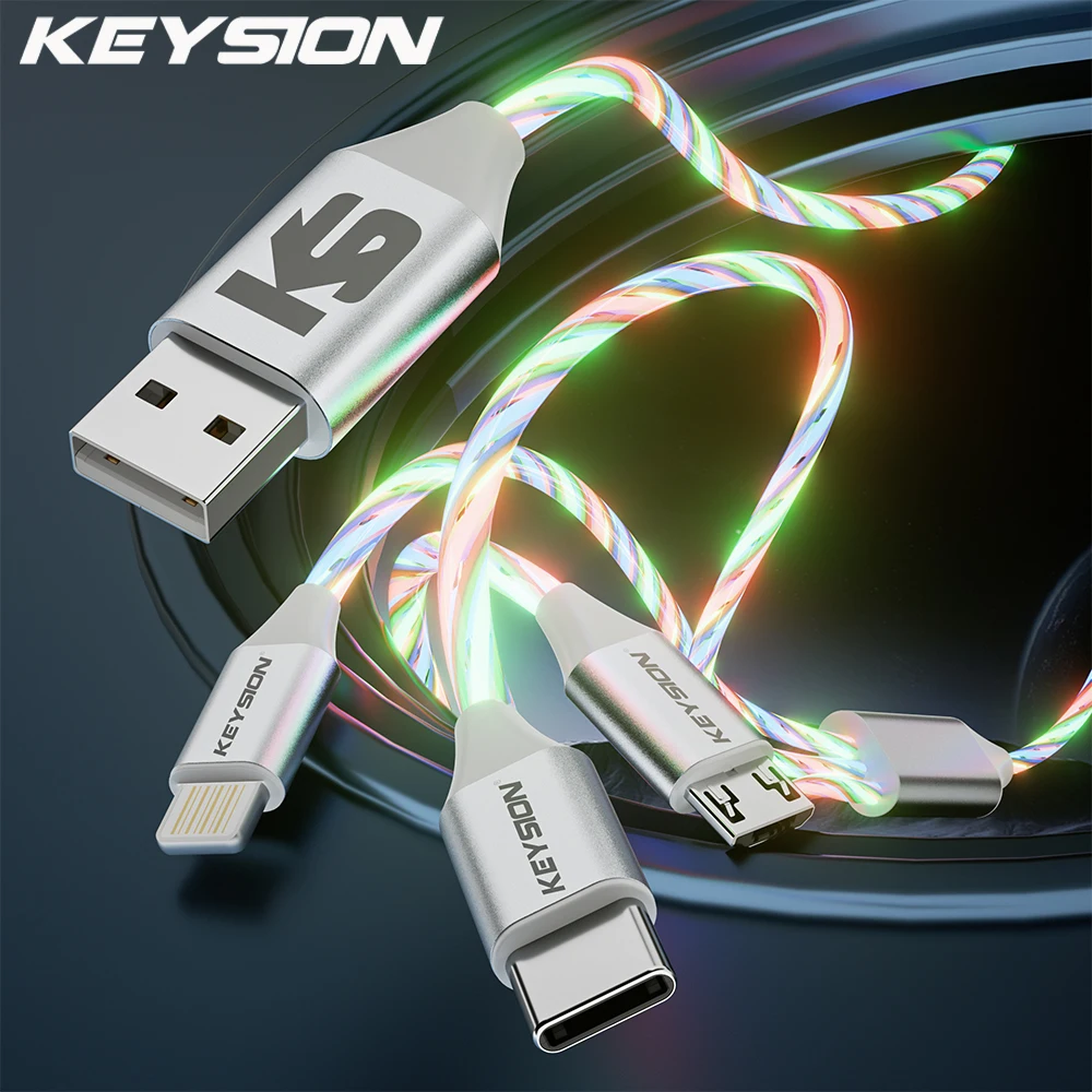 KEYSION 3 in 1 3A Fast Charging Cable Micro USB Type-C Phone Charger Wire Flowing Light LED Cord for iPhone Samsung Xiaomi Redmi