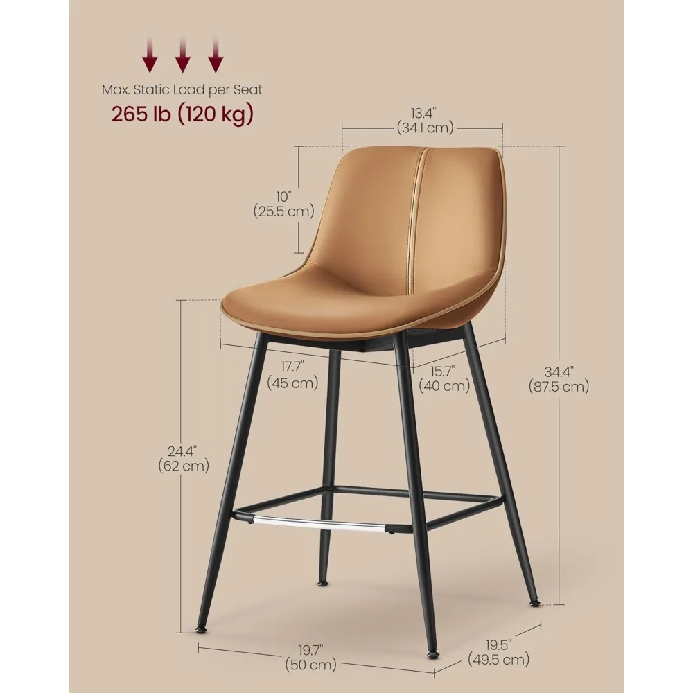 Conjunto de 2 bancos de bar, bancos de bar com altura de balcão e encosto, encosto ergonômico, couro sintético, pernas de metal