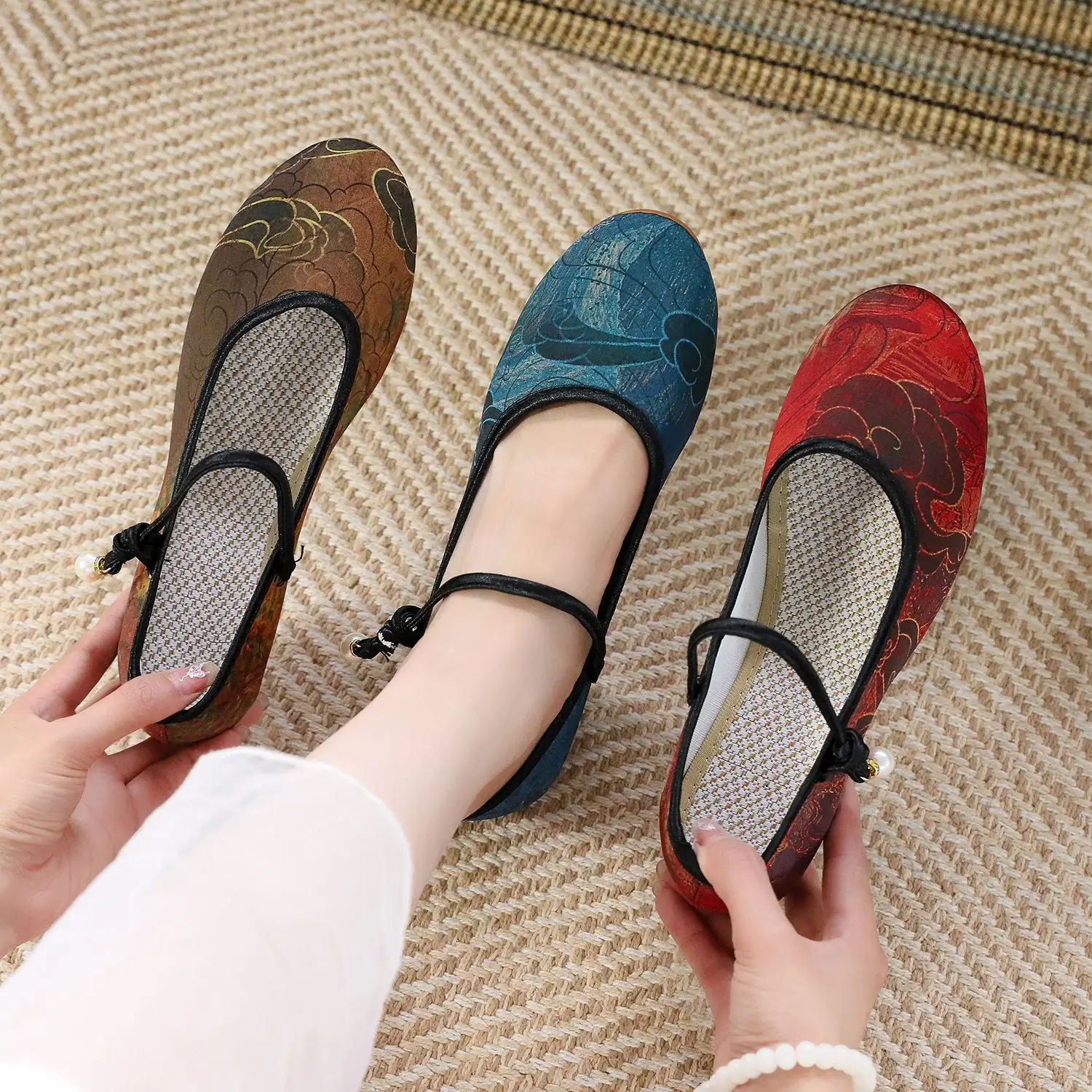 34-40 Ethnic Style Low Heel Cloth Shoes Women Comfortable Cheongsam Hanfu Shoes Block Heel Canvas Pumps Ankle Strap Cotton Shoes