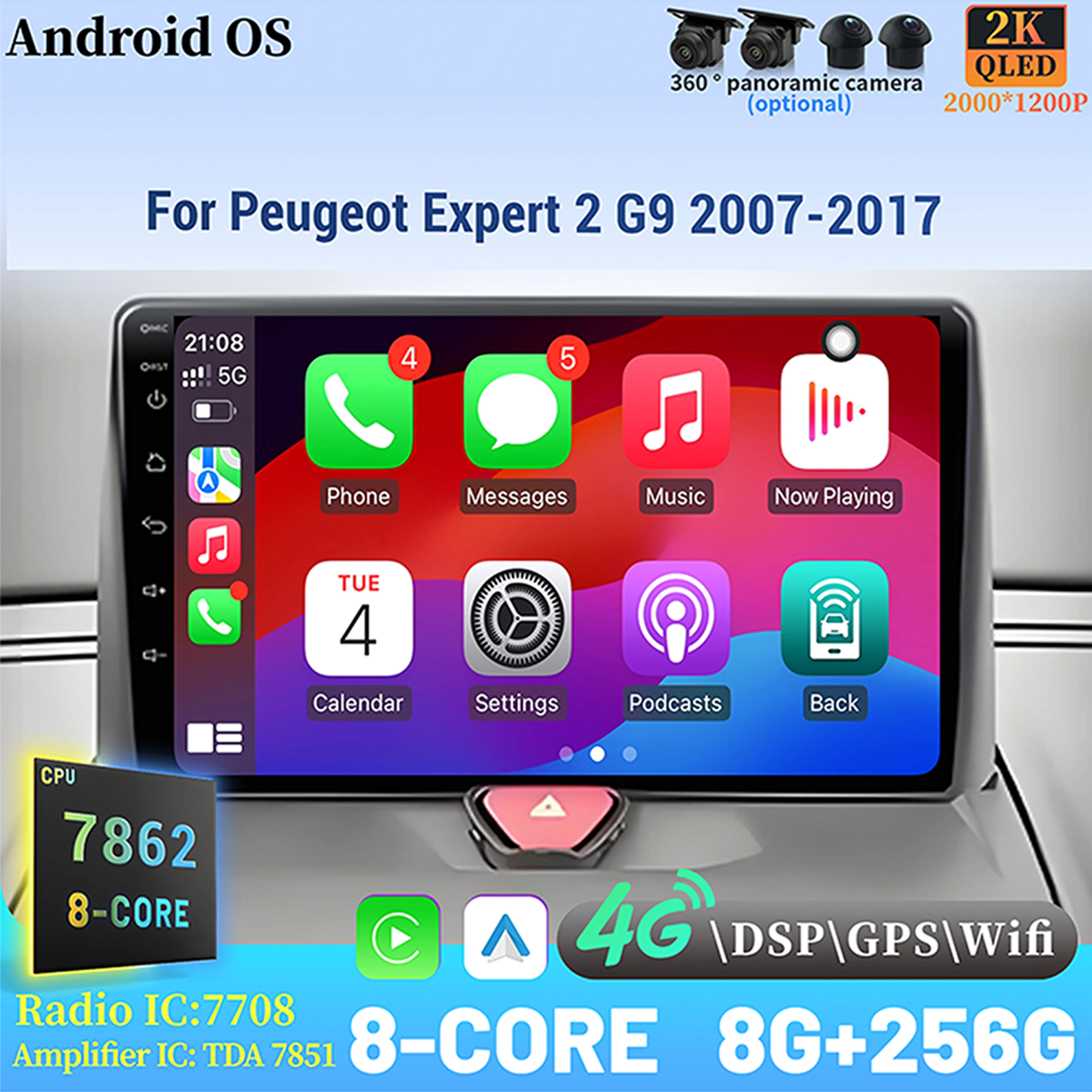 

For Peugeot Expert 2 G9 2007-2017 Wireless BT CarPlay Android 14 Radio Car Multimedia Player 8+256 radio Touch Screen