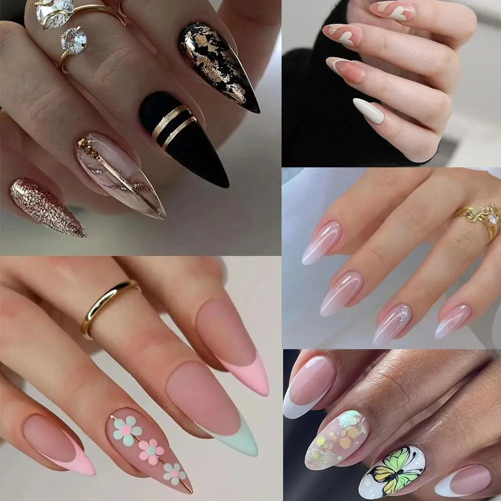 24 szt. Manicure motyl Diy naciśnij na paznokcie sztuczne paznokcie francuskie długie kwiaty migdałów