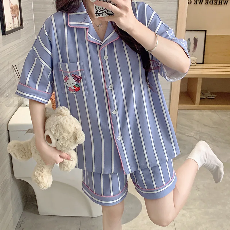 

Sanrio Girl Casual Short Sleeves Pajama Set Hello Kitty Kawaii Anime Summer Lapel Sexy T-Shirt Shorts 2-Piece Set Home Clothing