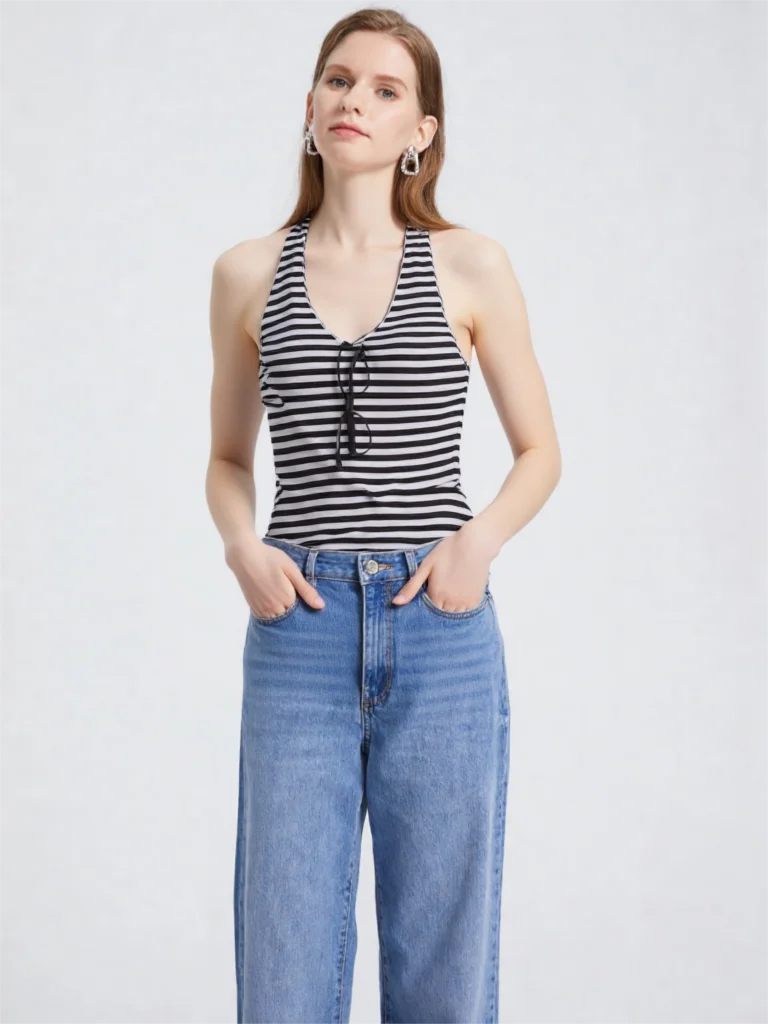 2026 Summer Striped Contrast Halter Backless Cami Women Tie Up Slim Fitted Sleeveless Y2K Top