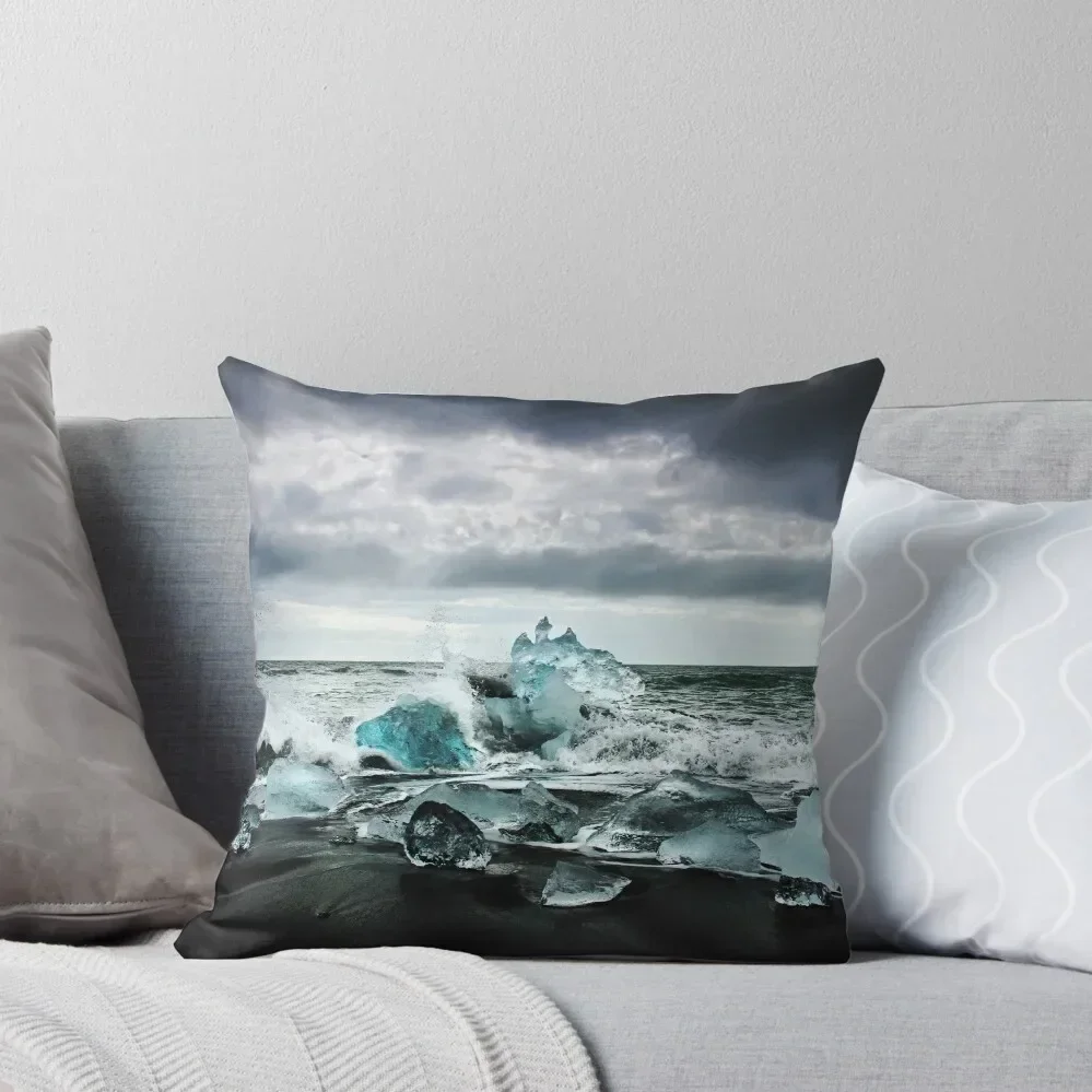 Iceland J?kulsárlón Glacial Icebergs on Black Sand Beach Blue Ice, Black Sand II Throw Pillow