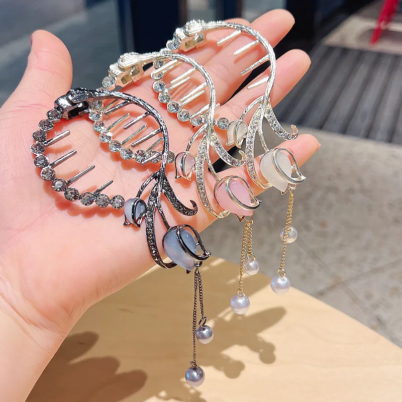 New Tulip Tassel Meatball Head Buckle Hairpin back of the head Plate Hair Clip Flower Ponytail Claws Hair Accessories Wholesale