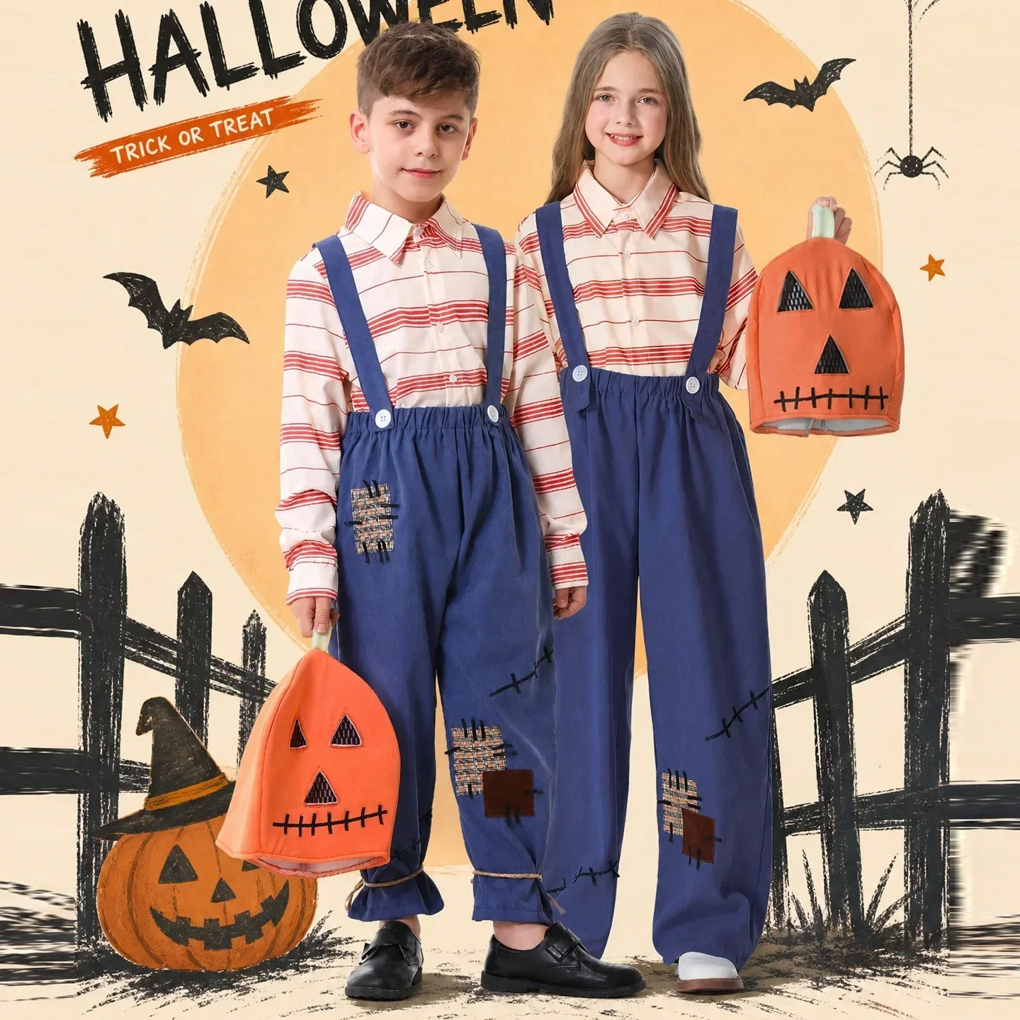 Kids Halloween Scarecrow Overalls Set Striped Shirt Pumpkin Bag Trick Or Treat Costume Carnival Party Dress Up Stage Outfit PS66