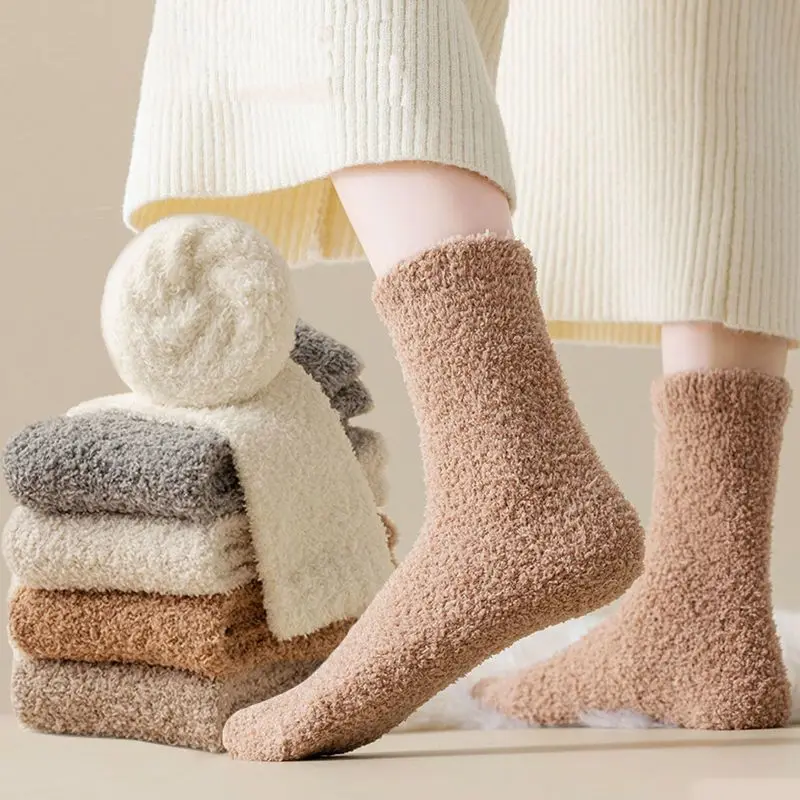 Women Gradient Coral Fleece Crew Socks Winter Super Thick Thermal Fluffy Fuzzy Home Floor Sleeping Stacked Mid Calf Socks
