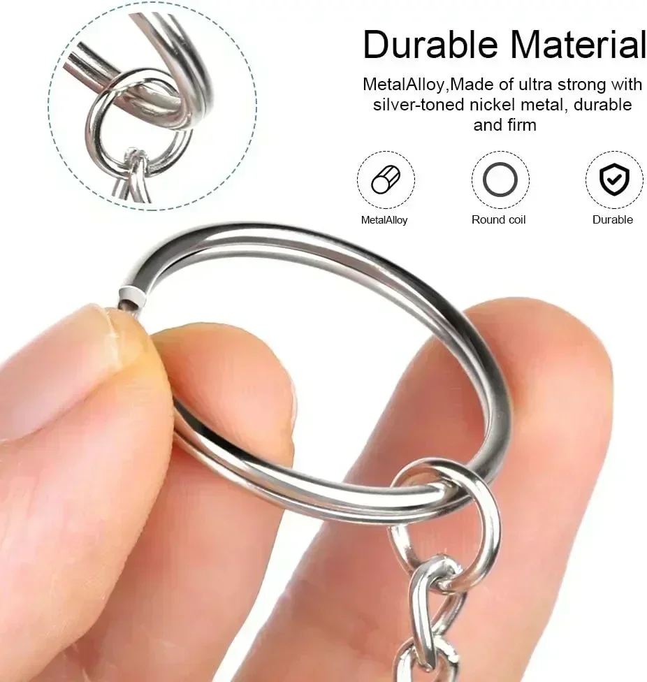 Metall-Split-Ring mit kurzer Kette, Schlüsselanhänger, Schlüsselanhänger, Damen und Herren, poliert, silberfarben, Edelstahl, 25 mm, DIY-Schlüsselanhänger